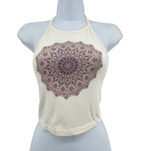 Brandy Melville Halter Crop Top Womens Small White Mandala Graphic Festival Boho